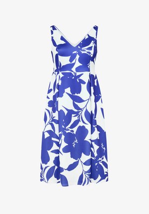 Abito midi bianco senza maniche con scollo a V profondo e grande motivo a stampa floreale blu.