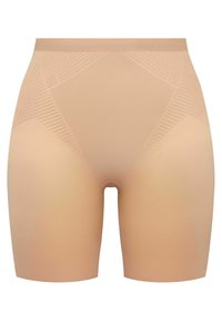Beige muotoilevat shortsit, joissa on sileä pinta, korkea vyötärö ja vaakasuora raidallinen kuvio sivuilla. Suunniteltu mukavuuden ja tuen tarjoamiseksi.