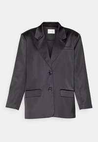 Blazer en satin noir avec col cranté, deux poches plaquées à l'avant et fermeture à un bouton. Texture lisse avec un design ajusté.