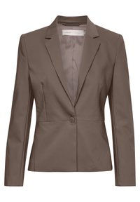 Blazer femme à manches longues avec un bouton, couleur taupe, col cranté et doublure intérieure lisse, vue de face.
