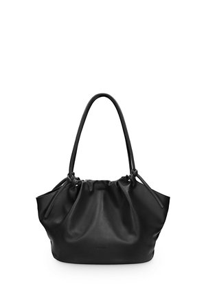 Sort lædertaske med samlet top og to lange skulderstropper, vist mod en hvid baggrund.