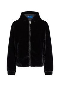 Black faux fur zip-up jacket with a hood, featuring side pockets and ribbed cuffs, offering a soft texture and a relaxed fit.