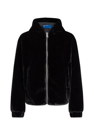 Zwarte nepbont zip-up jas met een capuchon, voorzien van zijzakken en ribgebreide manchetten, die een zachte textuur en een ontspannen pasvorm biedt.