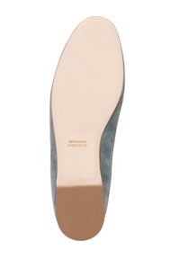 Grau Veloursledersohle mit einer glatten beigefarbenen Leder-Einlage, abgerundeten Kanten und eingraviertem Text "VERO CUOIO MADE IN ITALY."
