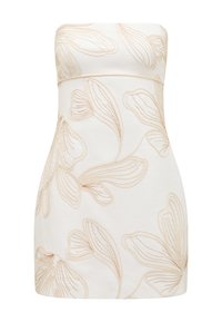 Trägerloses Kleid in Creme mit geprägten Blumenmustern in Hellbeige. Figurbetontes Design, glatte Textur, knielanger Schnitt und keine sichtbaren Verschlüsse.