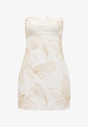 Strapless dress in cream with embossed floral patterns in light beige. Fitted design, smooth texture, knee-length cut, and no visible closures.