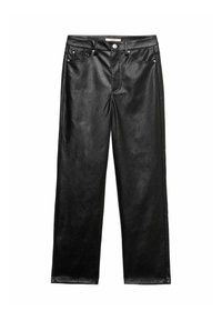 Černé kalhoty z umělé kůže se střihovým designem, vybavené zipem na nohavici, zapínáním na knoflík a stříbrnými kovovými detaily.