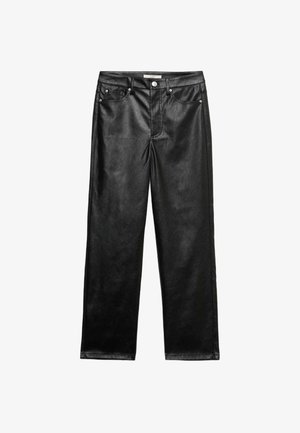 Pantaloni neri in ecopelle con design a gamba dritta, dotati di zip frontale, chiusura con bottone e dettagli in metallo argentato.