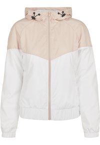 Veste à capuche rose clair et blanche avec fermeture éclair à l'avant et cordons réglables sur la capuche, poignets et ourlet élastiques.