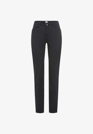 Slim-fit black pants with belt loops, front button, zipper, and five-pocket styling, displayed on a white background.