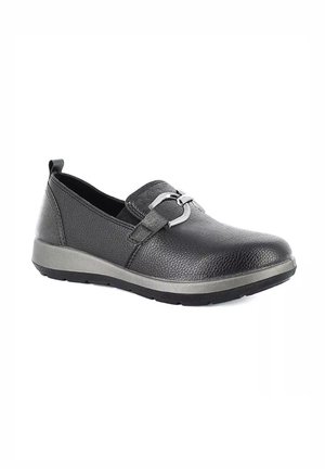 Scarpa nera in pelle con finitura a texture, accessori in metallo argentato e suola in gomma grigia con motivo a ondulazione per una migliore aderenza.
