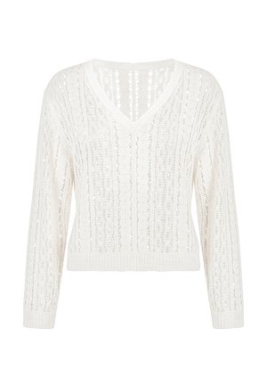 Weißer langärmeliger Strickpullover mit V-Ausschnitt und kompliziertem durchgehendem Ajourmuster.