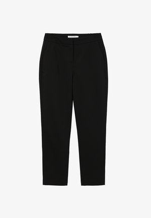 Pantaloni tapered negri, realizați dintr-un material neted. Au buzunare laterale și un brâu elastic lat pentru confort. Design simplu și minimalist.