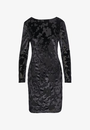 Schwarzes Samtkleid mit langen Ärmeln, das ein strukturiertes Blumenmuster und einen schmalen Ausschnitt aufweist, entworfen, um eng am Körper zu sitzen.