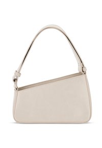 Borsa a tracolla beige con design triangolare, realizzata in materiale testurizzato. Presenta una sola tracolla regolabile e accenti hardware minimi.