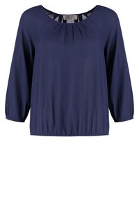 Blouse bleu foncé avec manches trois-quarts, encolure ronde avec petits plis, ourlet et poignets élastiques.