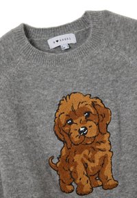 Grauer Strickpullover mit Rundhalsausschnitt, der ein braunes, gesticktes Welpenmotiv auf der Vorderseite zeigt. Weicher Stoff mit geripptem Kragen.