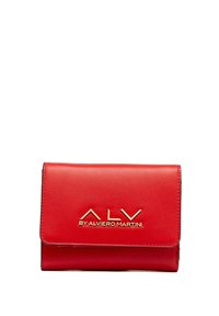 Portafoglio in pelle rossa con logo dorato "ALV BY ALVIERO MARTINI," caratterizzato da un design pieghevole e una texture liscia. Forma compatta e strutturata.