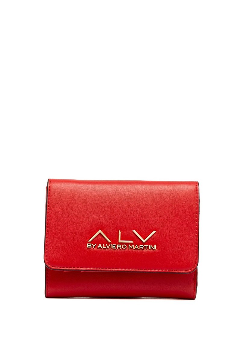 Portafoglio in pelle rossa con logo dorato "ALV BY ALVIERO MARTINI," caratterizzato da un design pieghevole e una texture liscia. Forma compatta e strutturata.