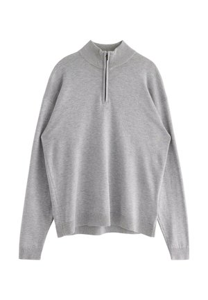 Gray pullover sweater with a high collar and a half-zip. Features ribbed cuffs and hem, with a relaxed fit and soft texture.