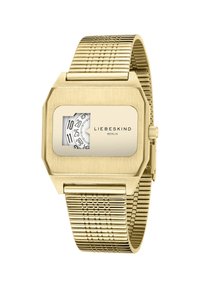 Orologio esagonale dorato con cinturino a rete, caratterizzato da un quadrante rettangolare che mostra l'ora e il nome del marchio "LIEBESKIND BERLIN."