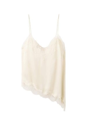 Elfenbeinfarbene Camisole mit Spitzenbesatz, dünnen Spaghetti-Trägern und asymmetrischem Saum. Hergestellt aus weichem, leichtem Stoff mit glatter Textur.