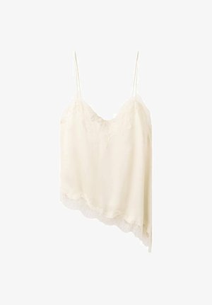 Elfenbeinfarbene Camisole mit Spitzenbesatz, dünnen Spaghetti-Trägern und asymmetrischem Saum. Hergestellt aus weichem, leichtem Stoff mit glatter Textur.