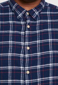Camicia di flanella blu navy con motivo a quadri rosso e bianco, colletto con bottoni e bottoni beige lungo il davanti.