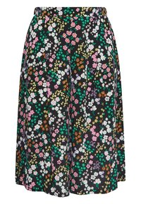 Blommig plisserad kjol i lätt tyg, med flerfärgade blommor på svart bakgrund och elastisk midja.