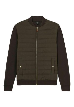 Giubbotto bomber con parte anteriore trapuntata verde oliva e maniche in maglia marrone scuro, chiusura con zip e due tasche frontali con accenti metallici.