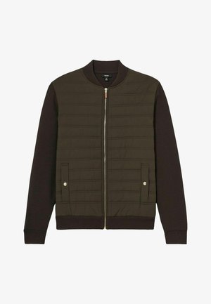 Bomber jacket featuring a quilted olive green front with dark brown knit sleeves, zip closure, and two front pockets with metallic accents.