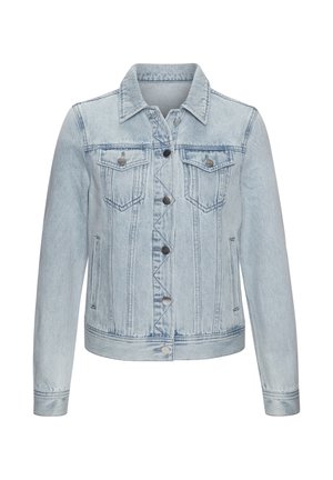 Light blue denim jacket with long sleeves, front button closure, two chest flap pockets, and two side slit pockets.