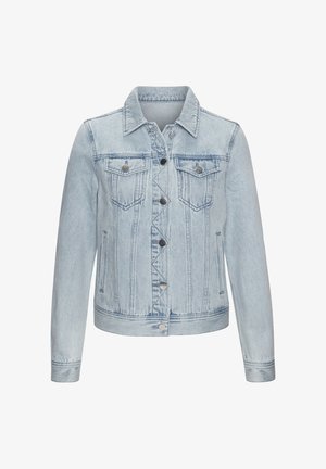 Hellblaue Jeansjacke mit langen Ärmeln, vorn mit Knöpfen, zwei Brusttaschen mit Klappen und zwei seitlichen Eingrifftaschen.