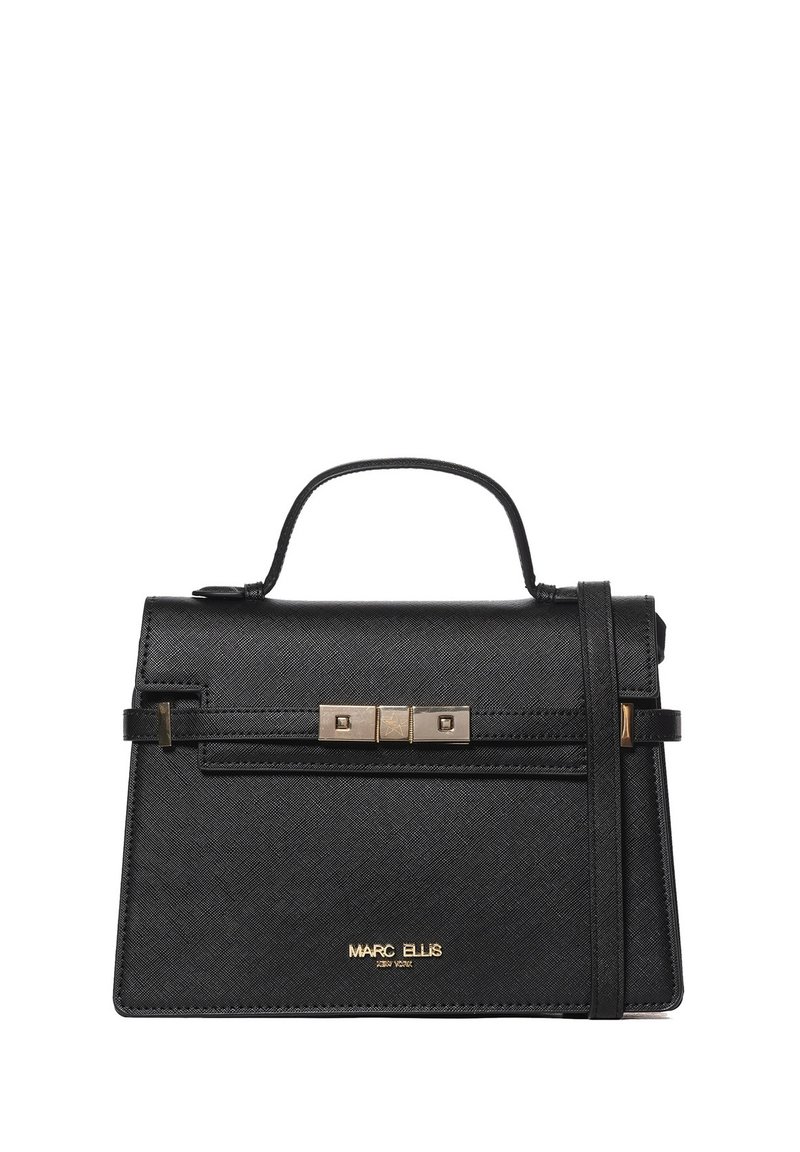 Borsa a mano strutturata nera realizzata in materiale testurizzato, con manico superiore, dettagli in metallo dorato e tracolla rimovibile.