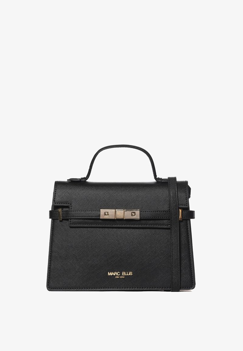 Borsa a mano strutturata nera realizzata in materiale testurizzato, con manico superiore, dettagli in metallo dorato e tracolla rimovibile.