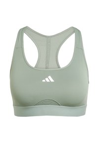 Reggiseno sportivo verde chiaro con un tessuto liscio e lucido, design a schiena a nuotatore e logo bianco. Presenta un'ampia fascia elastica sotto il busto.