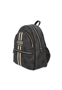 Sac à dos noir avec double fermeture éclair, arborant un logo, deux rayures verticales crème et un motif texturé. Accentué par des finitions dorées.