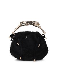 Čierna koženková taška so zlatým držadlom s leopardím dizajnom. Zaoblený tvar, sťahovanie na šnúrku a kovové akcenty. Mäkká textúra.