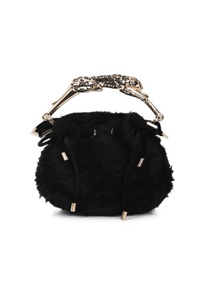 Black fur bag with a gold-tone handle featuring a leopard design. Rounded shape, drawstring closure, and metallic accents. Soft texture.