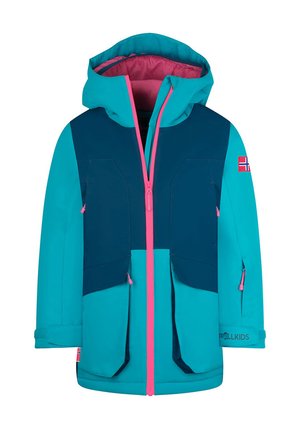 Türkisfarbene und marineblaue isolierte Jacke mit einem pinken Reißverschluss, zwei Fronttaschen und einer Kapuze. Mit einem Norwegen-Flaggenakzent und dem "TROLLKIDS"-Logo.