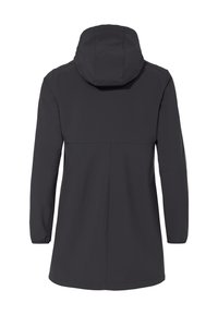 Zwarte jas met een capuchon, lange mouwen en een gestroomlijnd ontwerp. Gemaakt van zacht, glad materiaal met een achterste yoke-naad voor extra detail.