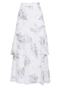 Weißer Rock mit Lagen-Design, versehen mit einem Blumendruck in Lavendel und Grün. Strukturierter Stoff mit kleinen dekorativen Punkten überall.