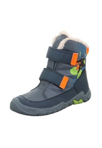 Booty w ciemnoniebieskim materiale, z kołnierzem z faux futra, dwoma regulowanymi paskami oraz kolorowym wzorem graficznym z pomarańczowymi akcentami i zieloną podeszwą.