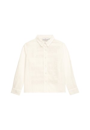 Weißes Langarmhemd mit einem Button-Down-Kragen, strukturiertem Stoff, durchgehender Knopfleiste vorne und einem lockeren Schnitt. Etiketten im inneren Kragenbereich.