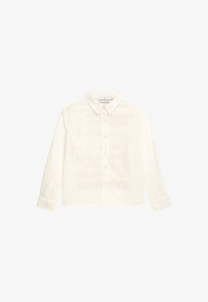 Weißes Langarmhemd mit einem Button-Down-Kragen, strukturiertem Stoff, durchgehender Knopfleiste vorne und einem lockeren Schnitt. Etiketten im inneren Kragenbereich.