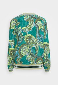 Groene bomberjack met paisleypatroon, uitgerust met een geribde kraag en manchetten. Bevat accenten in blauw, geel en bruin. Zachte stofstructuur.