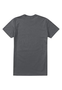 Gray cotton t-shirt, crew neck, short sleeves, smooth texture, no graphics or patterns, plain back view.
