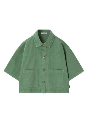 Lunettes de soleil marron en forme de cœur suspendues à la poche avant d'une chemise vert clair à boutons.