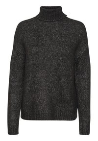 Schwarzer Rollkragenpullover mit lockerer Passform, strukturiertem Strickmuster und geripptem Saum. Hergestellt aus einem weichen, dicken Garn mit einem dezenten Glanz.