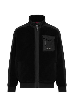 Schwarze Fleecejacke mit hohem Kragen, frontalem Reißverschluss, einer Brusttasche und seitlichen Taschen. Mit strukturierten Ärmeln und gerippten Bündchen.